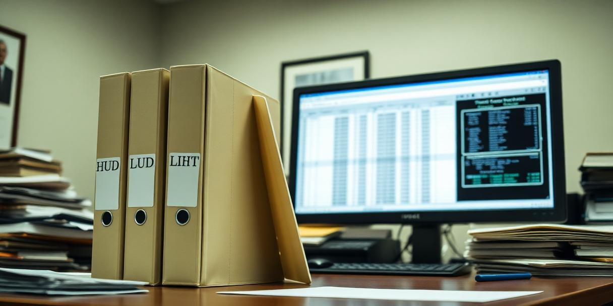 Affordable housing administrative desk with HUD and LIHTC compliance binders