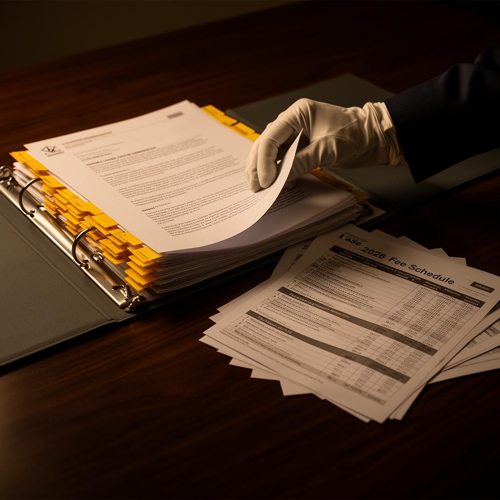 A reviewer turns the page of a tabbed lease binder beside a 2026 fee schedule.