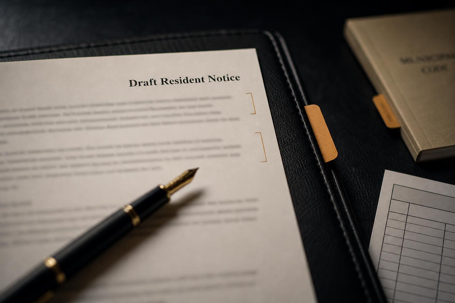 A property manager reviewing a notice at a desk