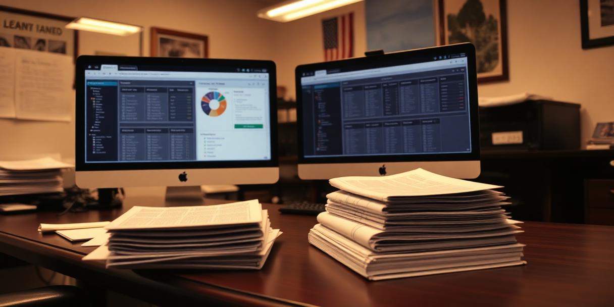 Property manager's desk with dual monitors, printed notices, and a lease binder